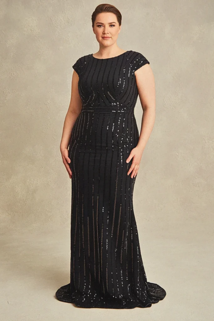 Plus Size Black Sequined Column Formal Wedding Guest Dress