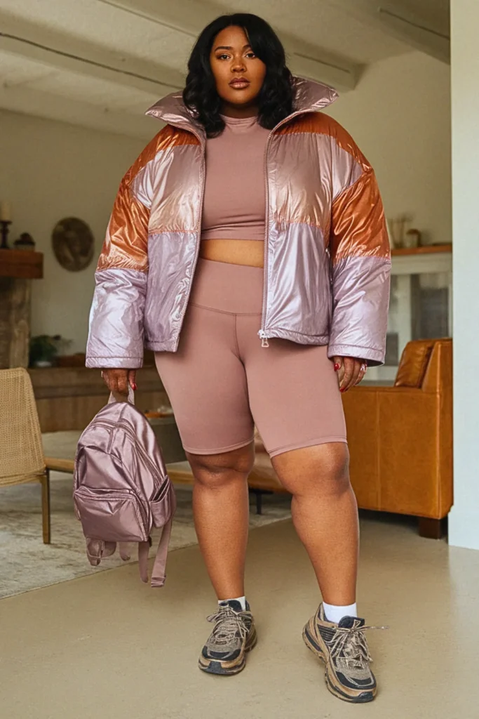 Plus Size Puffer Jacket and Bike Shorts Fall Outfit