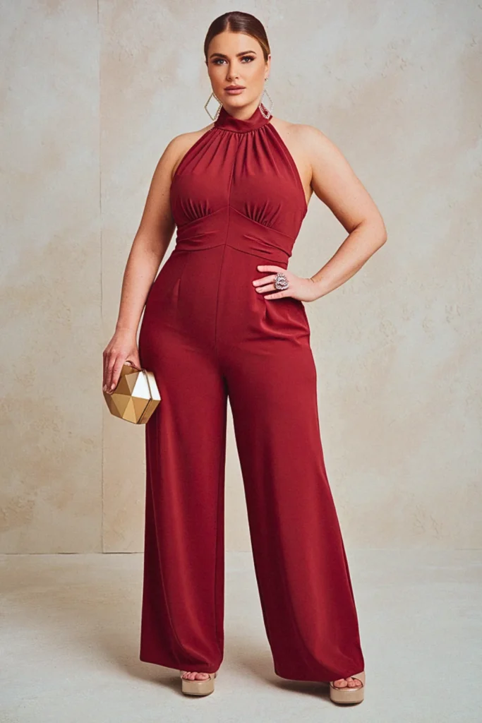 Plus Size Cherry Red Halter Neck Jumpsuit Wedding Guest Outfit