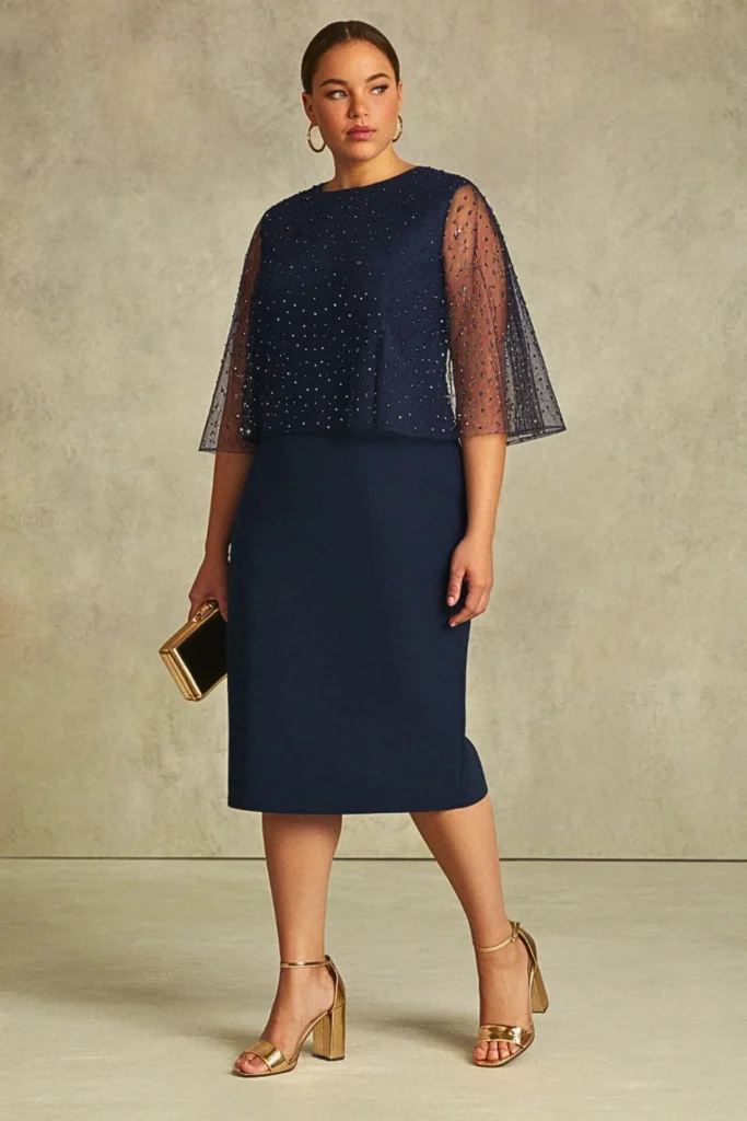 Plus Size Navy Blue Embellished Cape Wedding Guest Dress