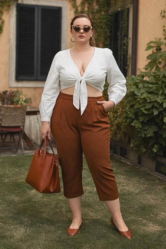 Plus Size Capri Pants and Tie-Front Blouse Summer Outfit