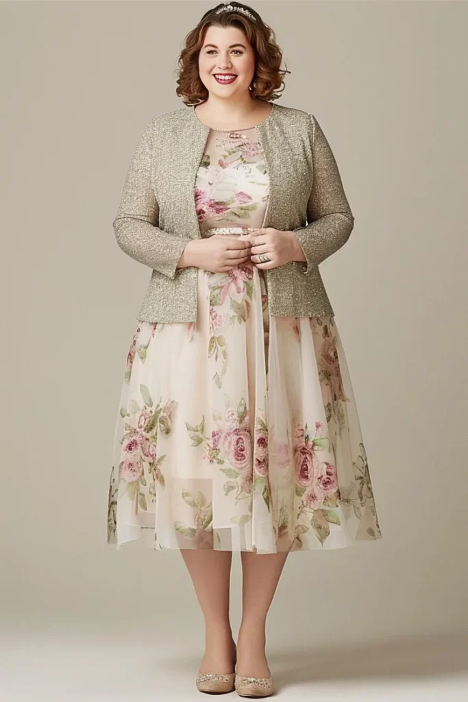 Plus Size Mother Of The Bride Pink Floral Print Chiffon Two Pieces Tea-Length Dress With Jacket