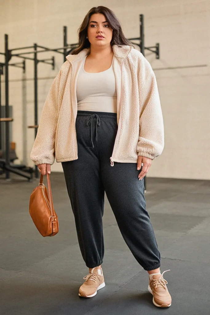 Plus Size Fall Sherpa Jacket and Fitted Joggers Athleisure Outfit