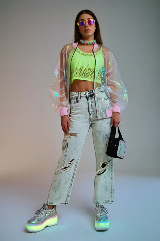 Aesthetic Y2K Neon Denim Cargo Spring Outfit