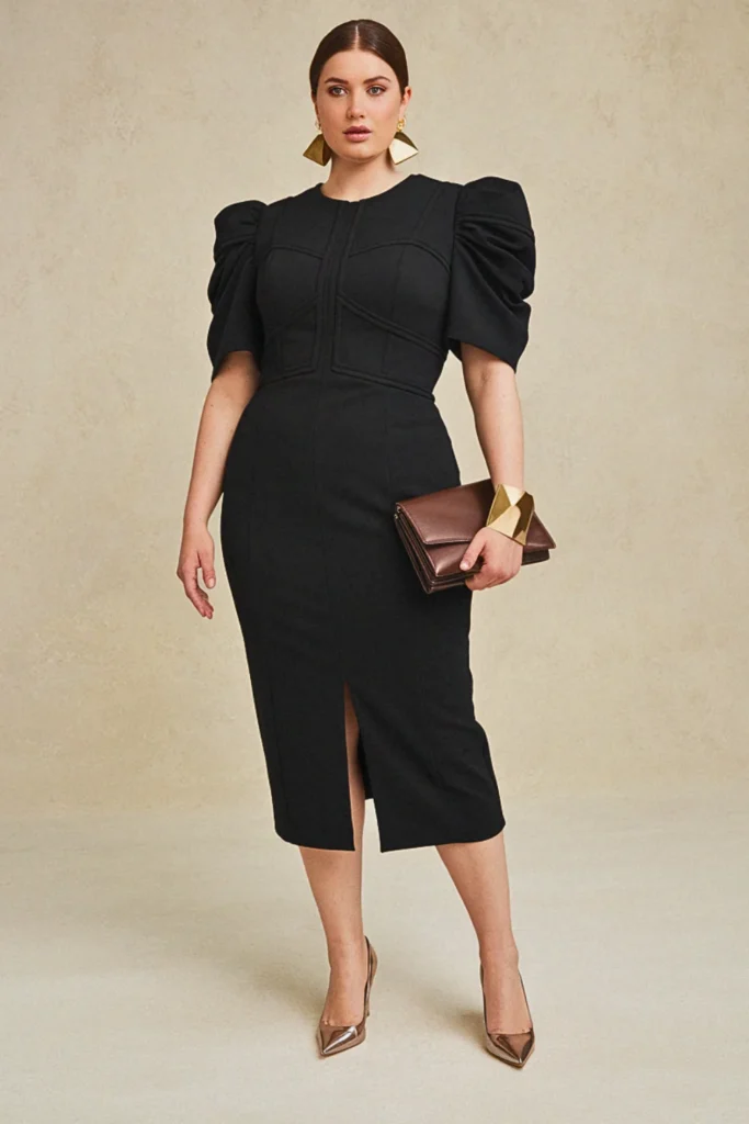 Structured Puff Sleeve Black Formal Wedding Guest Dress