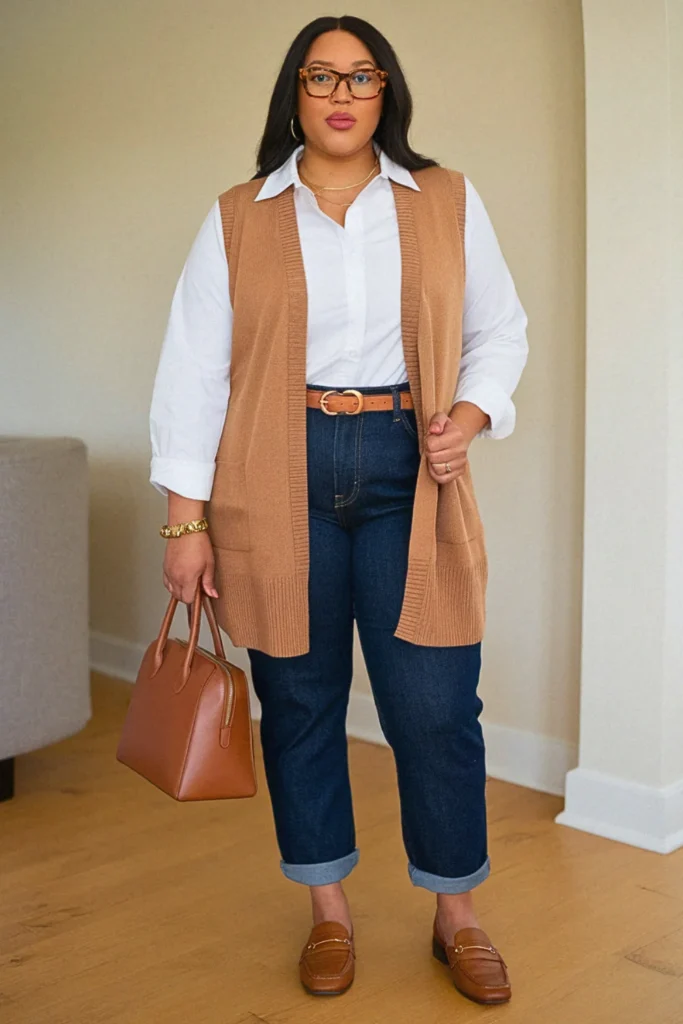 Plus Size Fall Cute Sweater Vest and Mom Jeans Outfit