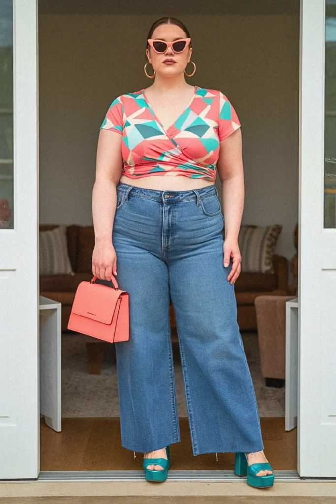 Plus Size Summer Bold Geometric Print Top with Wide Leg Jeans Outfit