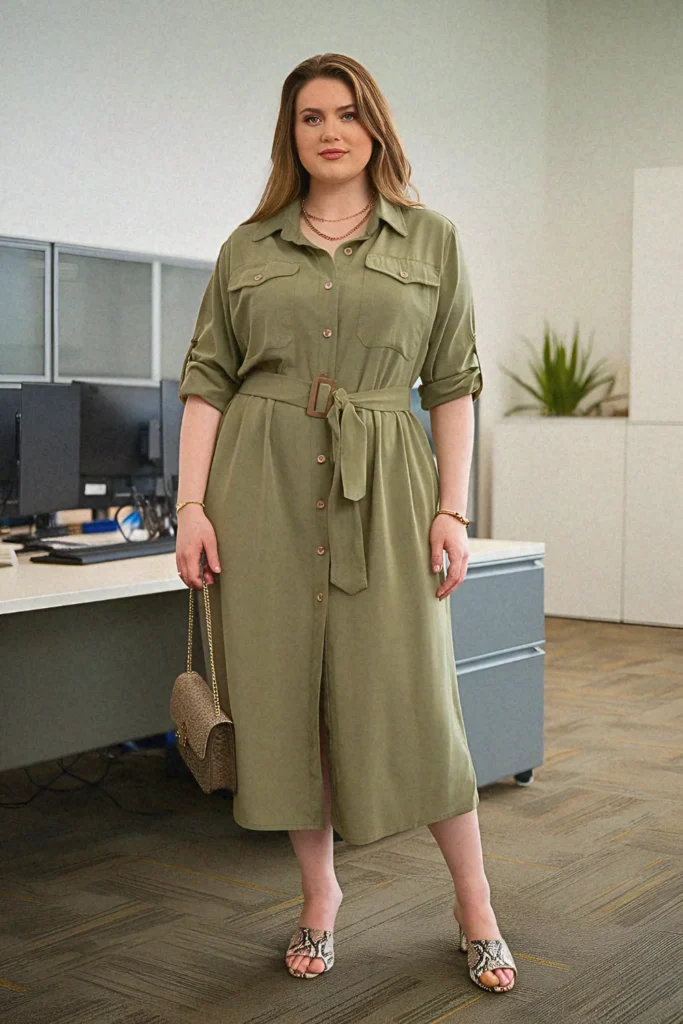 Plus Size Summer Belted Utility Shirtdress Office Outfit