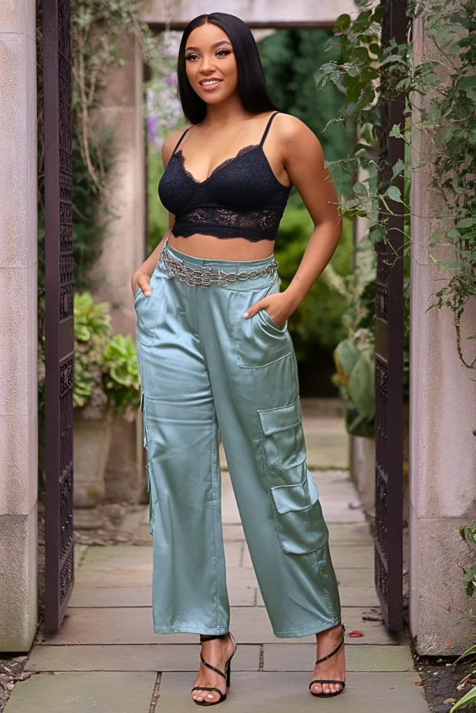 Satin Cargo Pants and Bralette Top