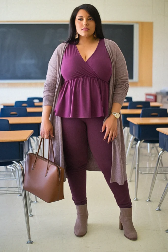 Plus Size Fall Peplum Top with Leggings Teacher Outfit