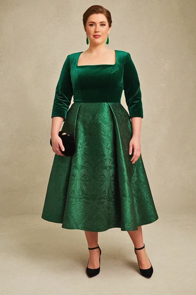 Plus Size Modern Tea-Length Jacquard Wedding Guest Dress