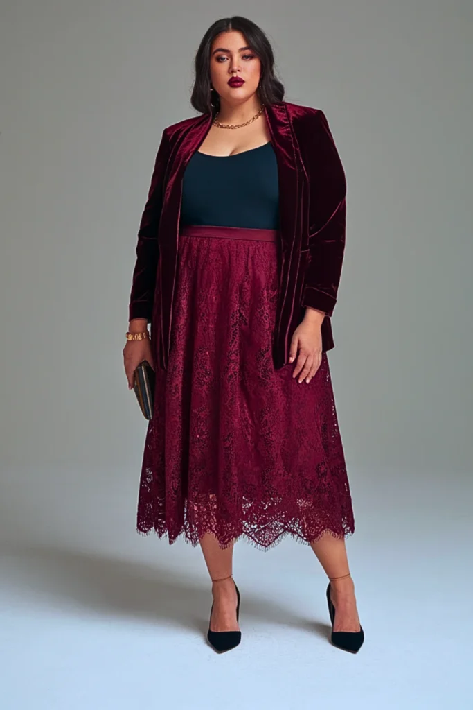 Plus Size Autumn Wine Red Lace Overlay Skirt Outfit
