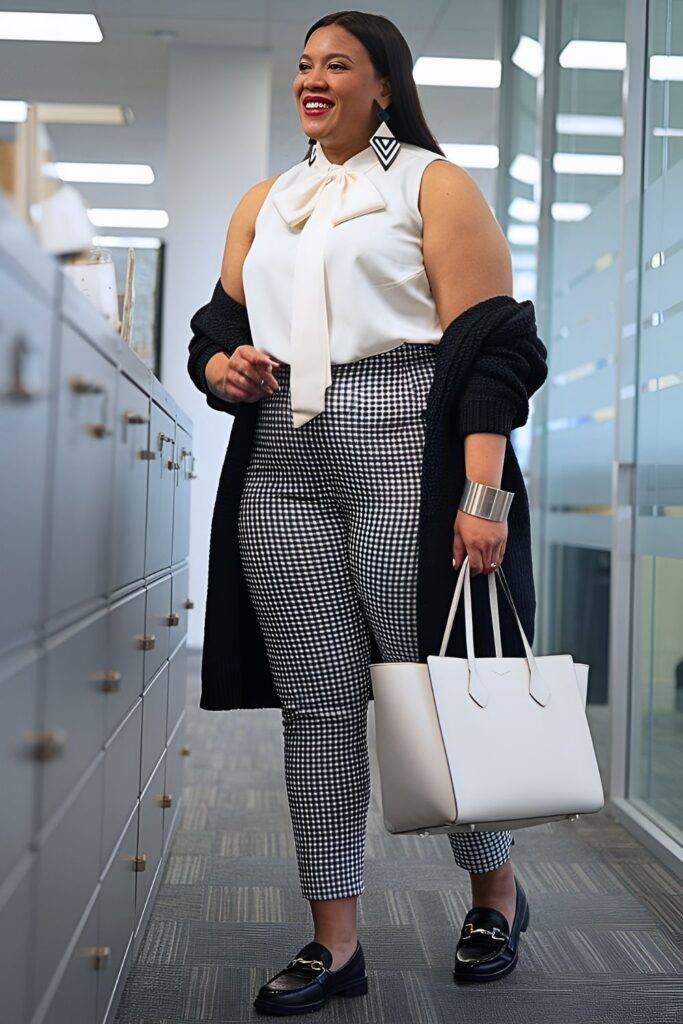 Plus Size Bow Blouse and Gingham Pants Spring Business Casual Outfit