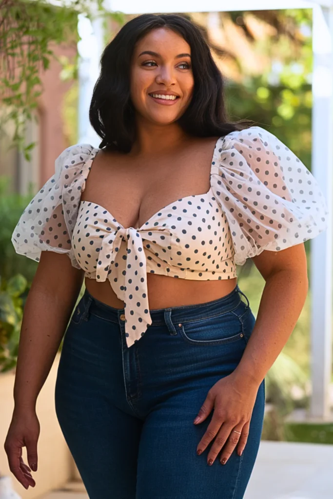 Polka Dot Tie Front Blouse + High Rise Skinny Jeans Retro Outfit