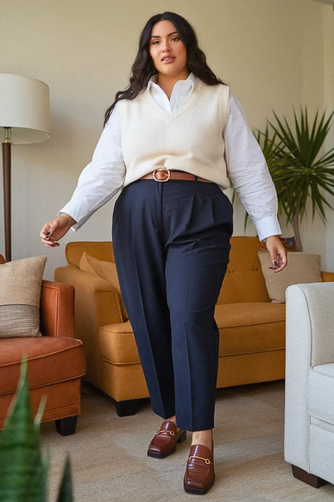 Plus Size Sweater Vest and Button-Down Fall Outfit