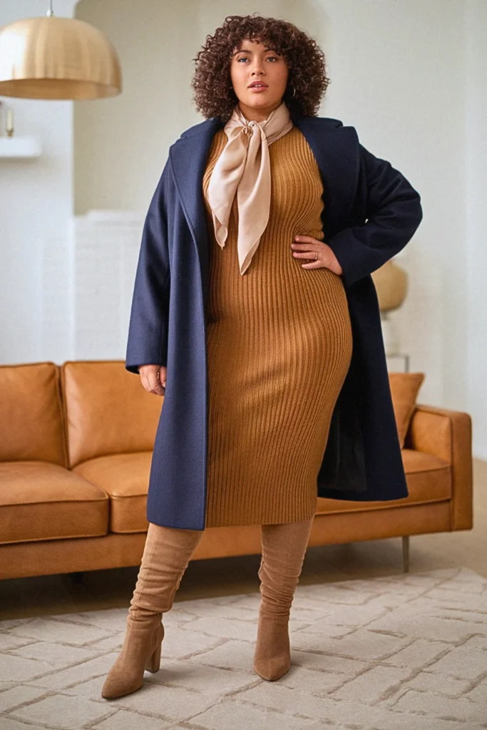 Plus Size Sweater Dress and Statement Coat Dressy Fall Outfit