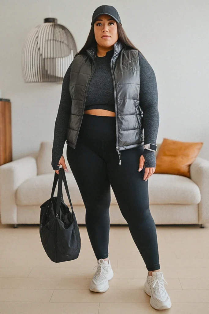 Plus Size Black Puffer Vest Athleisure Comfort Fall Outfit