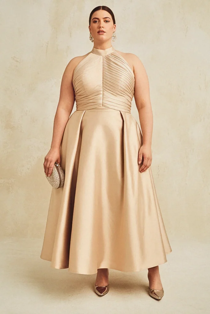 Plus Size Pleated Halter Neck Satin Wedding Guest Dress