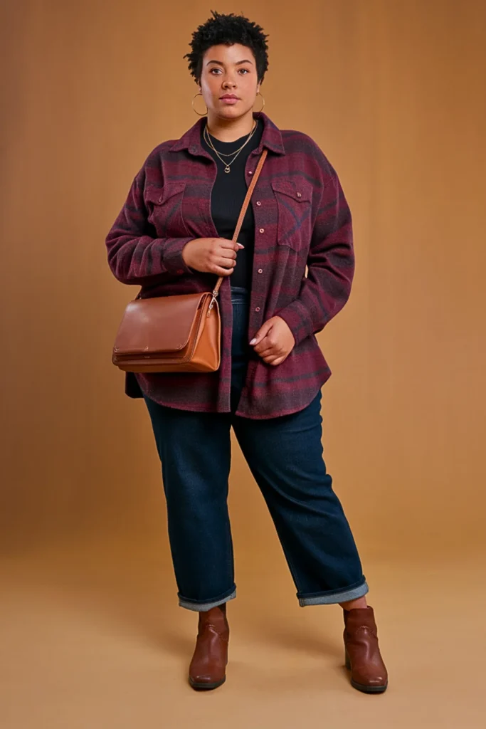Plus Size Flannel and Straight Leg Jeans Casual Autumn Outfit