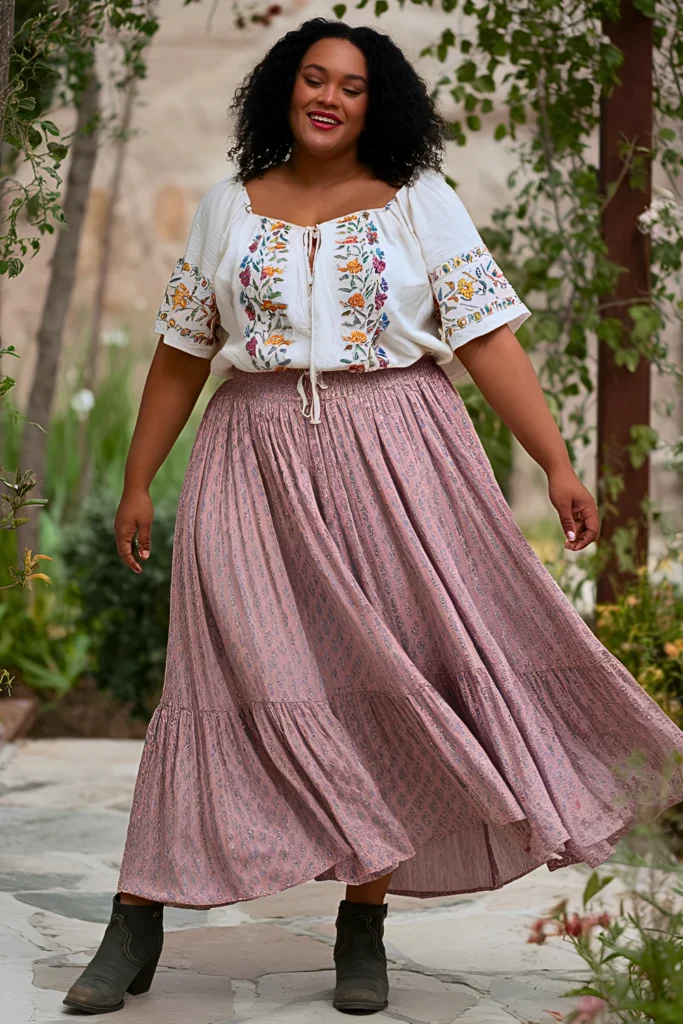 Plus Size Embroidered Peasant Blouse and Maxi Skirt Hippie Spring Outfit