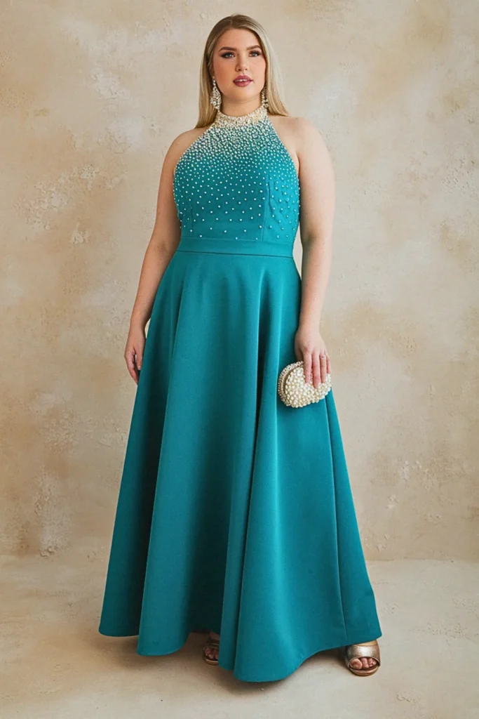 Plus Size Black Tie Pearl-Embellished Neckline Wedding Guest Dress