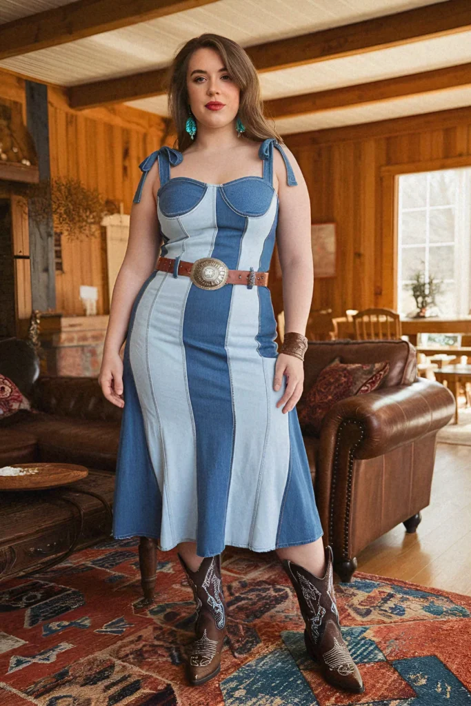 Plus Size Patchwork Denim Midi Dress Cowgirl Outfit