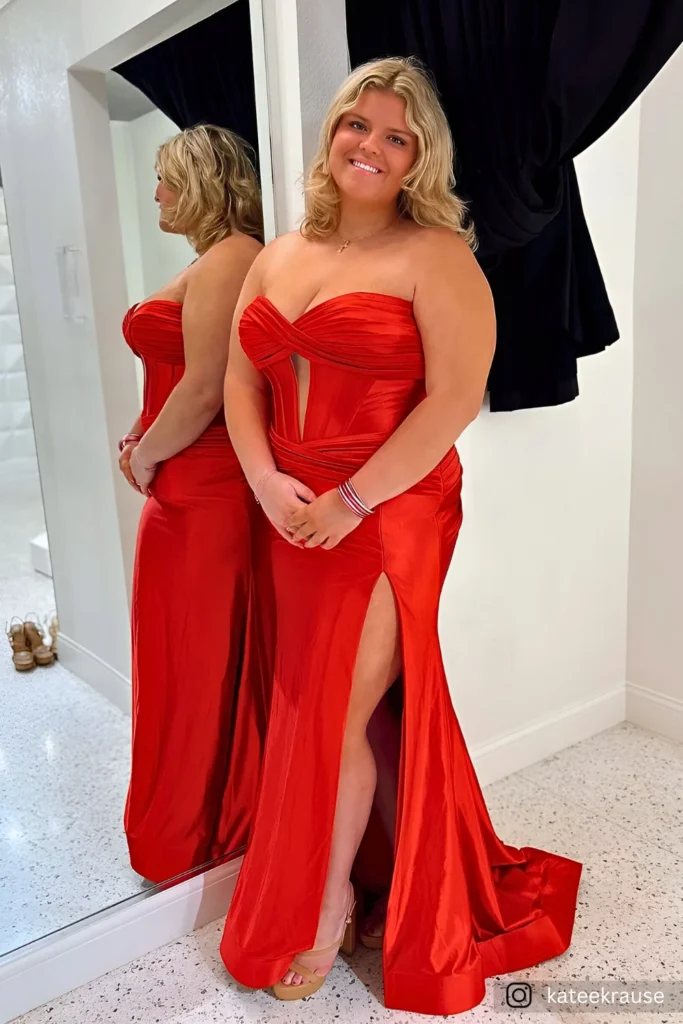 Plus Size Deep Red High Slit Prom Dress