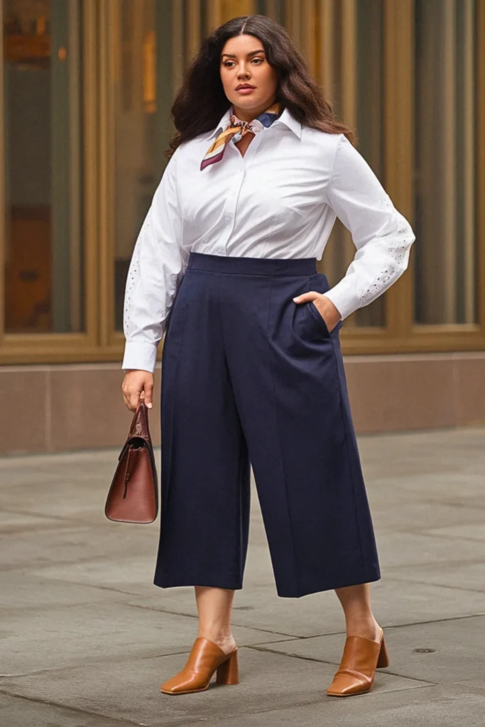 Plus Size New York Button-Down Shirt and Culottes Fall Outfit