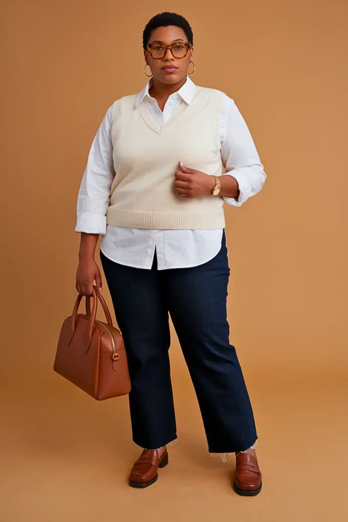 Plus Size Sweater Vest and Collared Shirt Academic Autumn Outfit