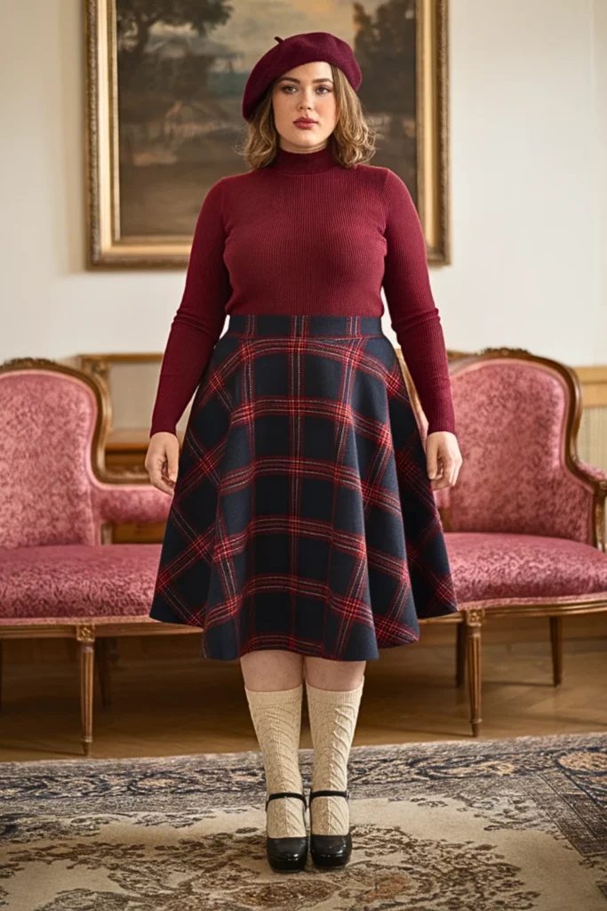 Plus Size Mockneck Sweater with Plaid Skirt and Knee-High Socks Winter Outfit