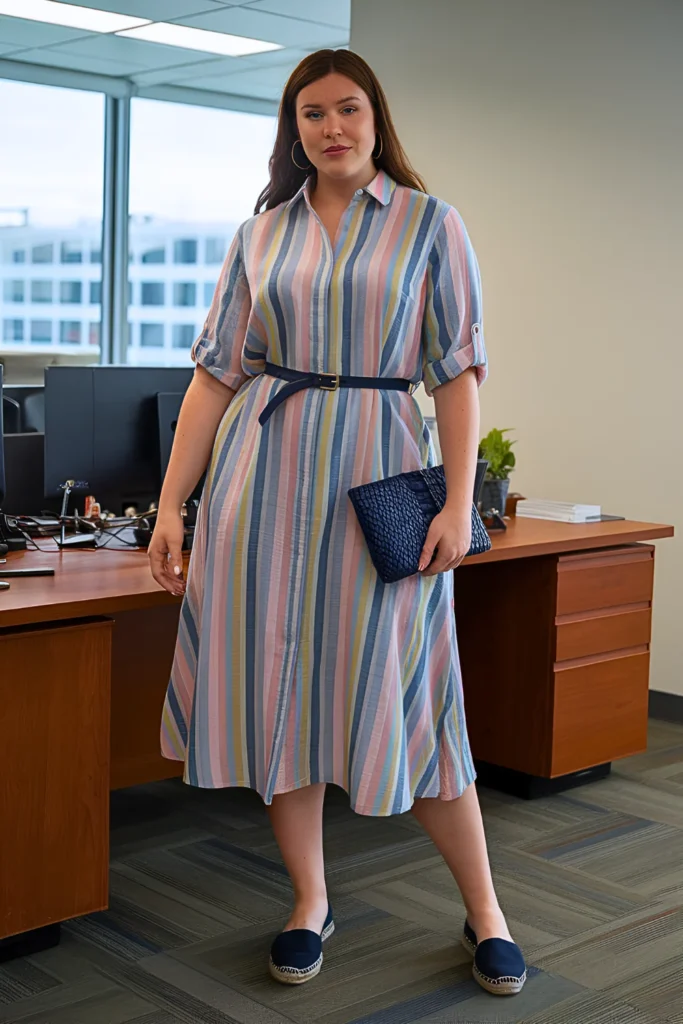 Plus Size Summer Colorful Striped Linen Shirtdress Business Casual Outfit