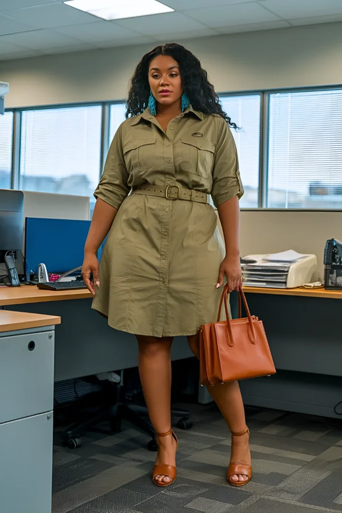 Plus Size Summer Belted Safari Shirtdress Business Casual Outfit