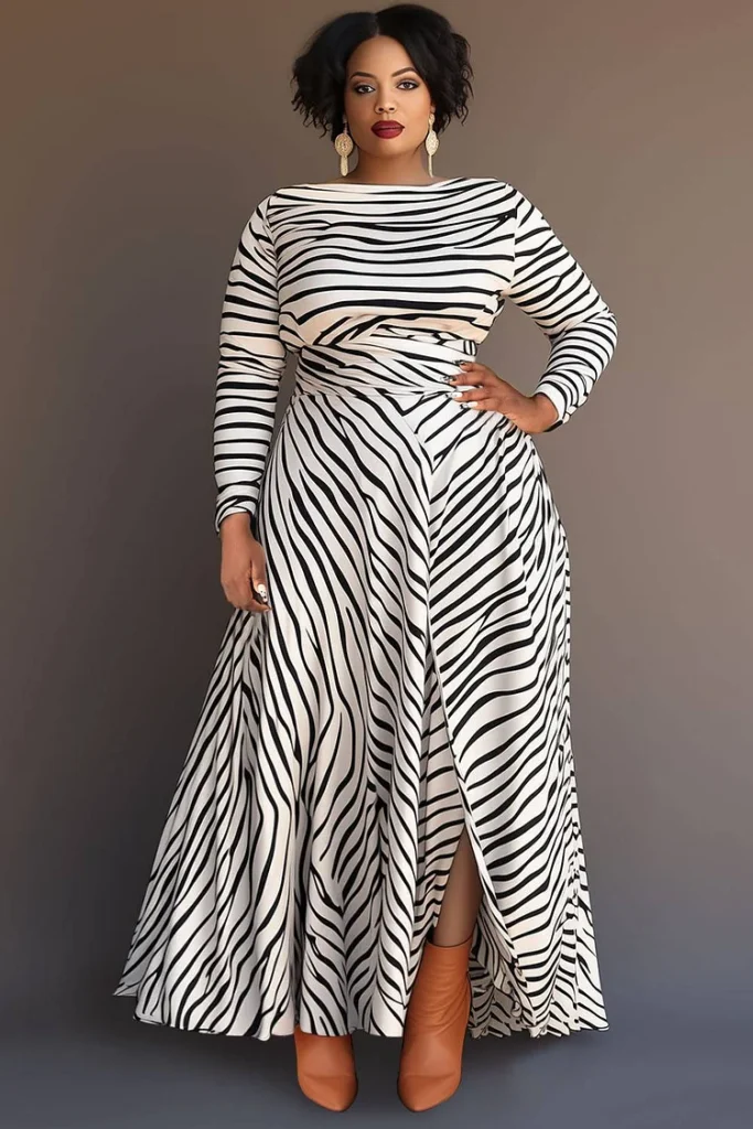Plus Size Business Casual White Water Ripples Round Neck Long Sleeve Split Knitted Maxi Dress