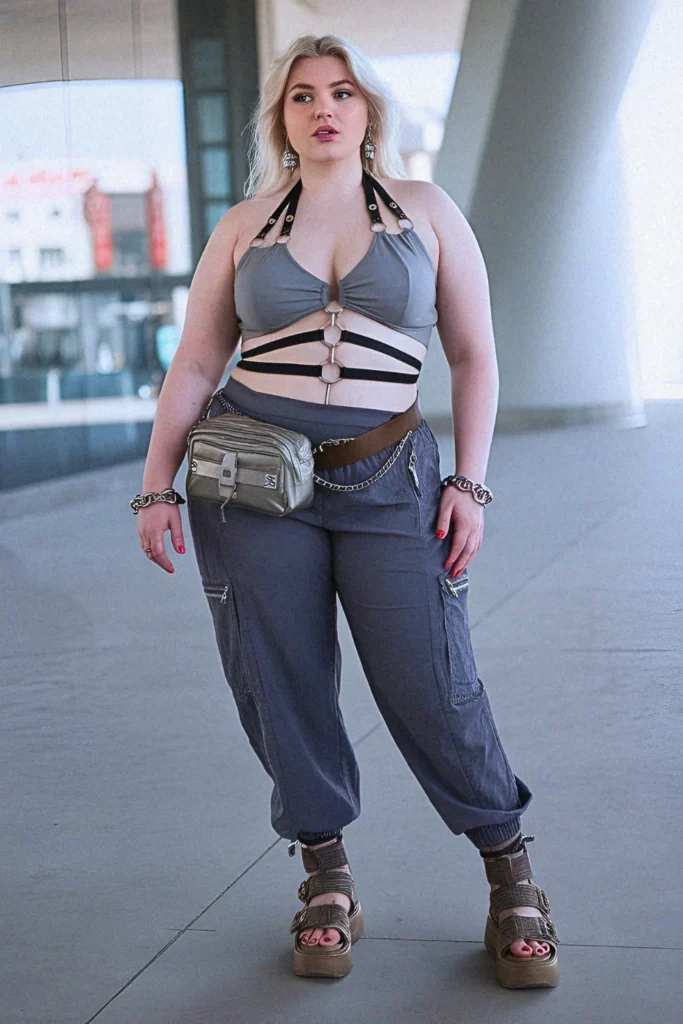 Plus Size Summer Harness Detail Halter and Cargo Pants Vegas Outfit
