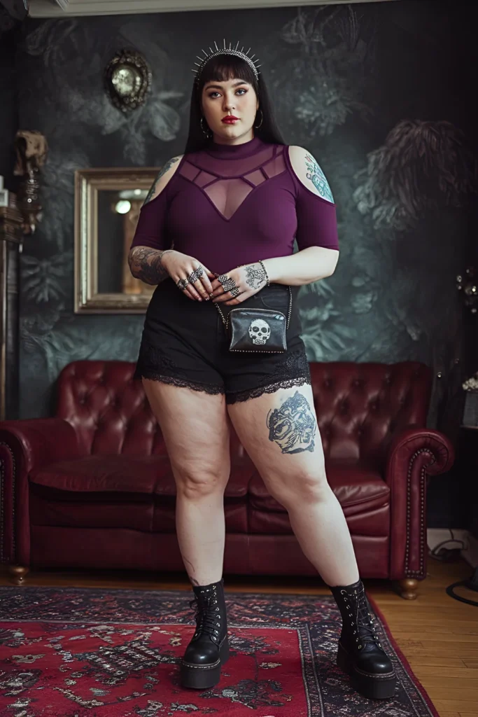 Plus Size Cold Shoulder Mesh Panel Summer Goth Outfit