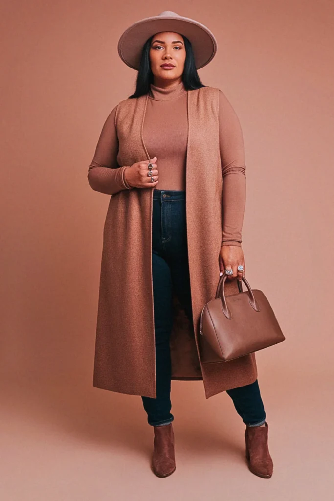 Plus Size Longline Vest and Skinny Jeans Fall Outfit