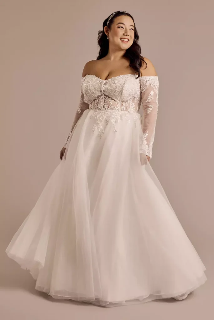 Off-the-Shoulder Long Sleeve Appliqued Ball Gown