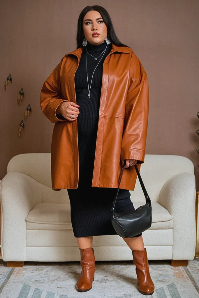 Plus Size Leather Jacket and Midi Dress Fall Outfit