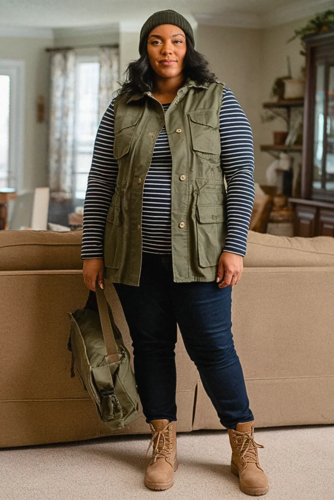 Plus Size Olive Green Utility Vest Casual Fall Outfit
