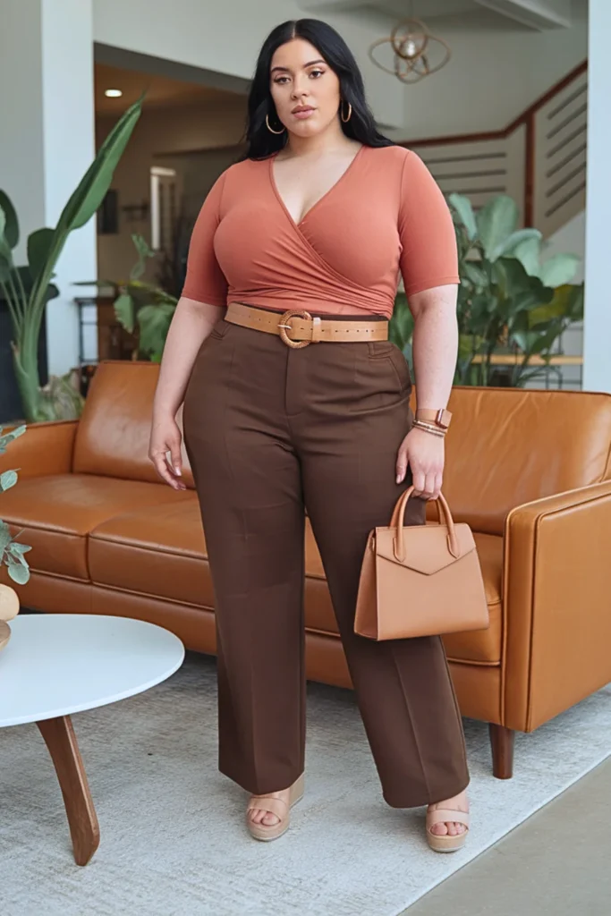Plus Size Soft Terracotta Wrap Top Autumn Outfit