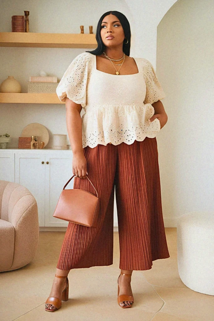 Plus Size Modest Pleated Culotte and Peplum Top Summer Outfit