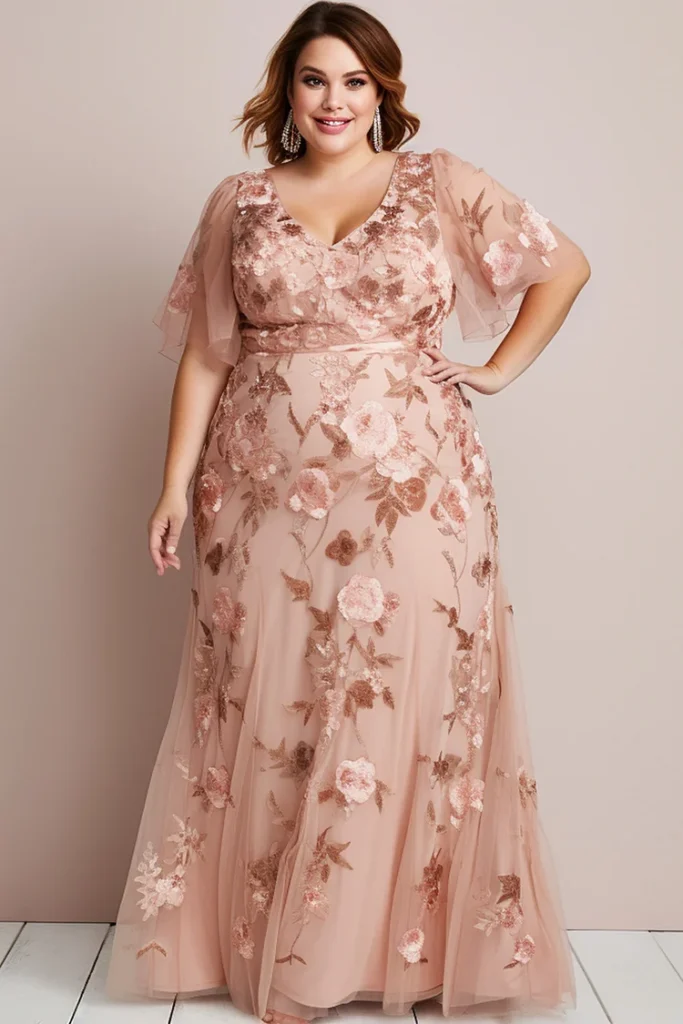 Plus Size Mother of the Bride Pink Mesh Floral Embroidery Ruffle Maxi Dress