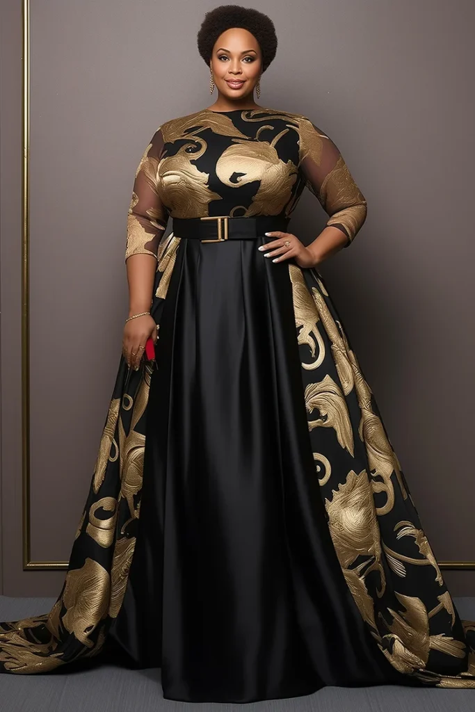 Plus Size Mother Of The Bride Black Floral Round Neck 3:4 Sleeve Detachable Overskirt See Through Tulle Satin Maxi Dress