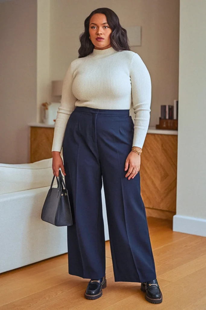 Plus Size Preppy Mockneck Sweater and Wide-Leg Trousers Fall Outfit