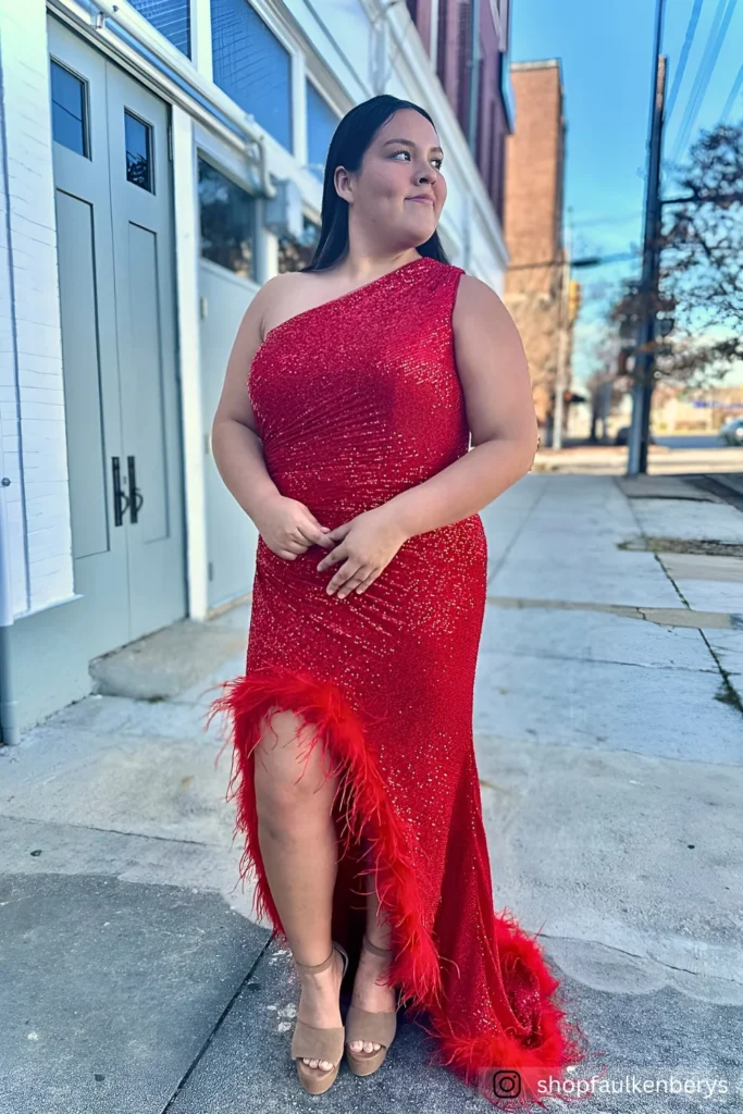 Plus Size Red Feather Trim One-Shoulder Prom Dress