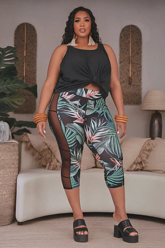 Plus Size Printed Mesh-Panel Capri Legging Outfit