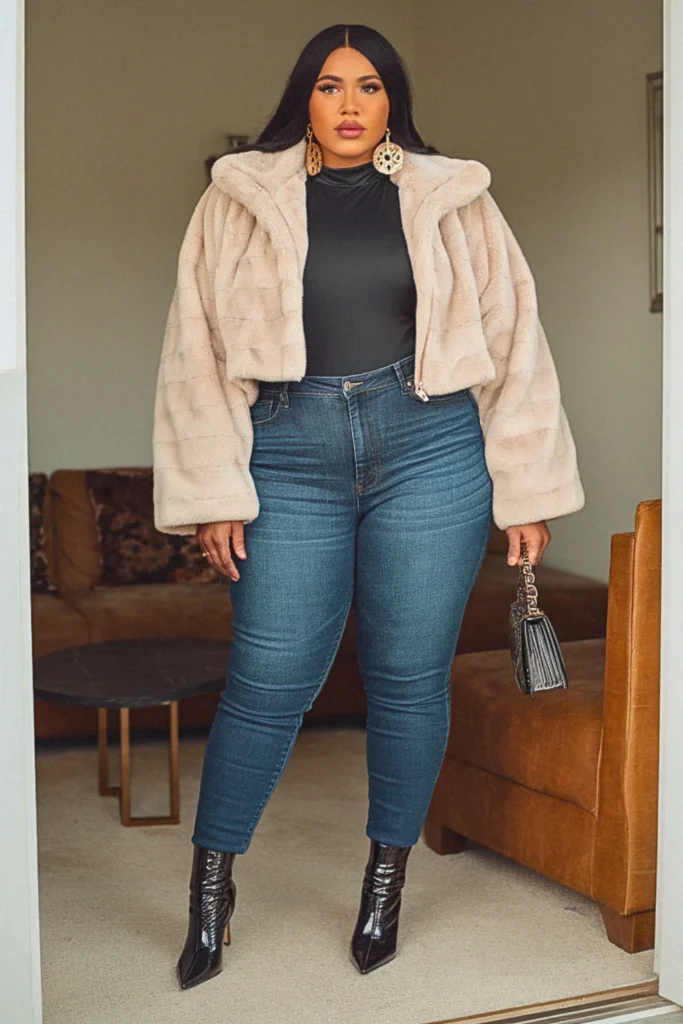 Plus Size Faux Fur Jacket and Jeans Fall Outfit