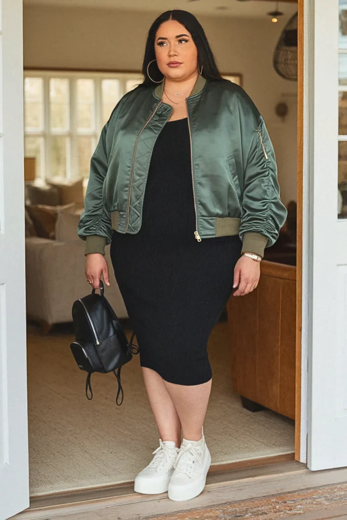 Plus Size Fall Bomber Jacket With Knit Dress Comfy Outfit