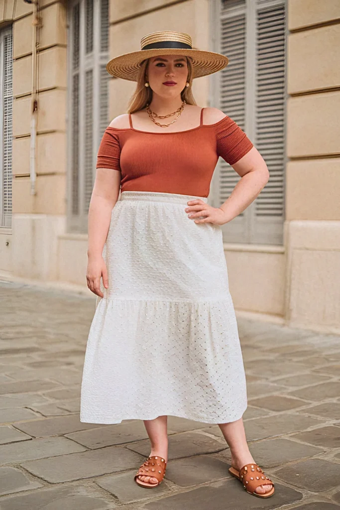 Plus Size Summer Tiered Eyelet Midi Skirt European Outfit