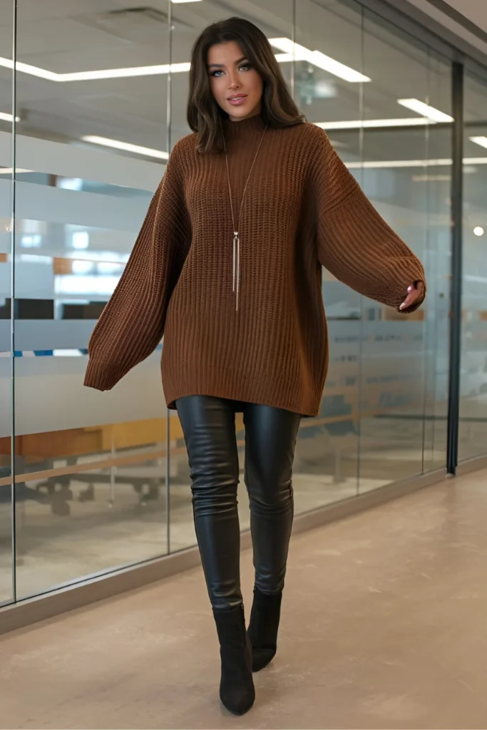 Winter Oversized Sweater and Leather Leggings Work Outfit